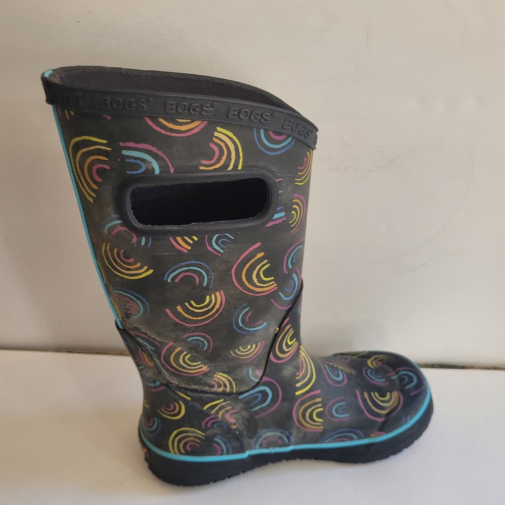 Bogs Rain Boots Youth 1 Black Wild Rainbow Waterproof Pull On - Picture 8 of 9